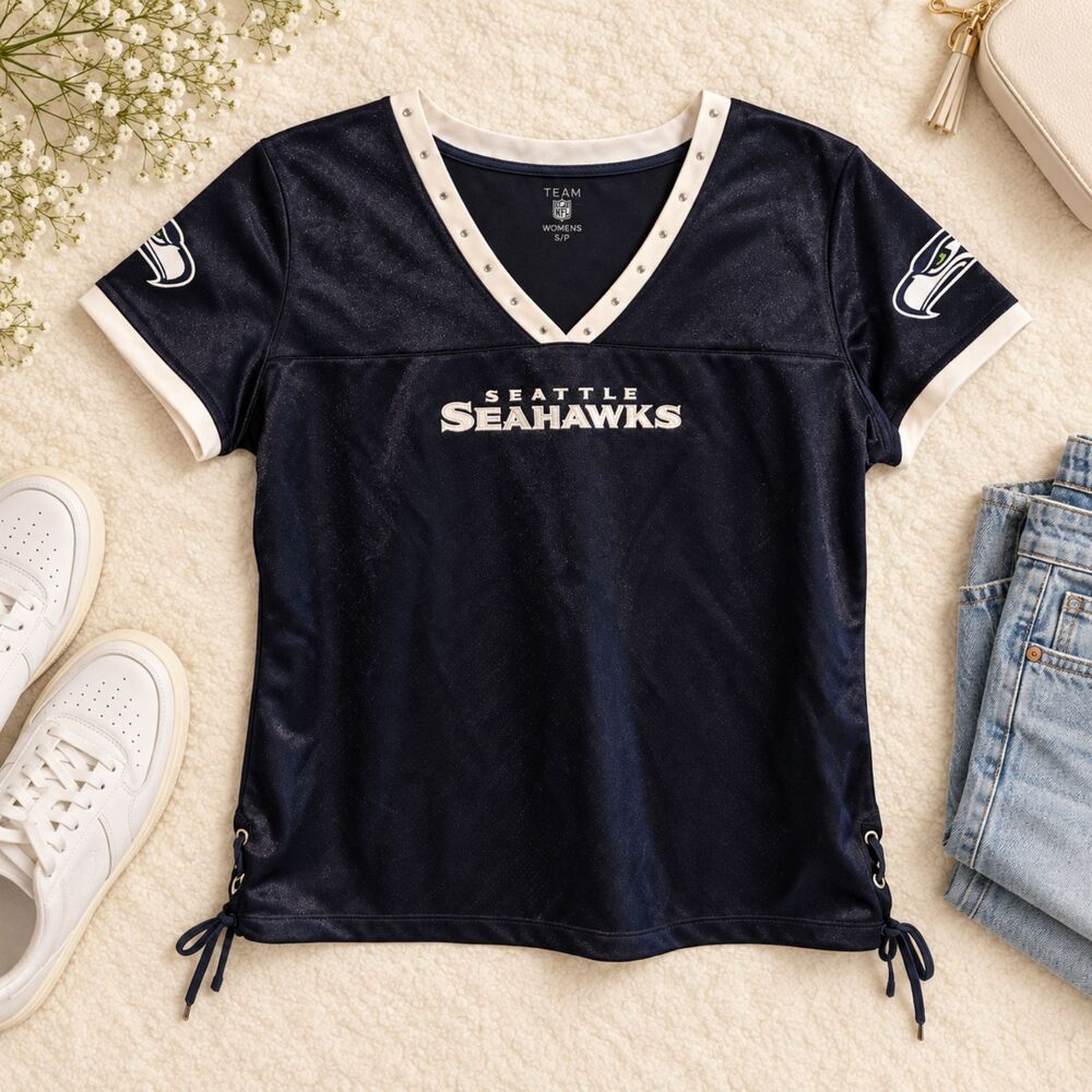 Seattle Seahawks Women’s XL Rhinestone V-Neck Jersey Top NWT